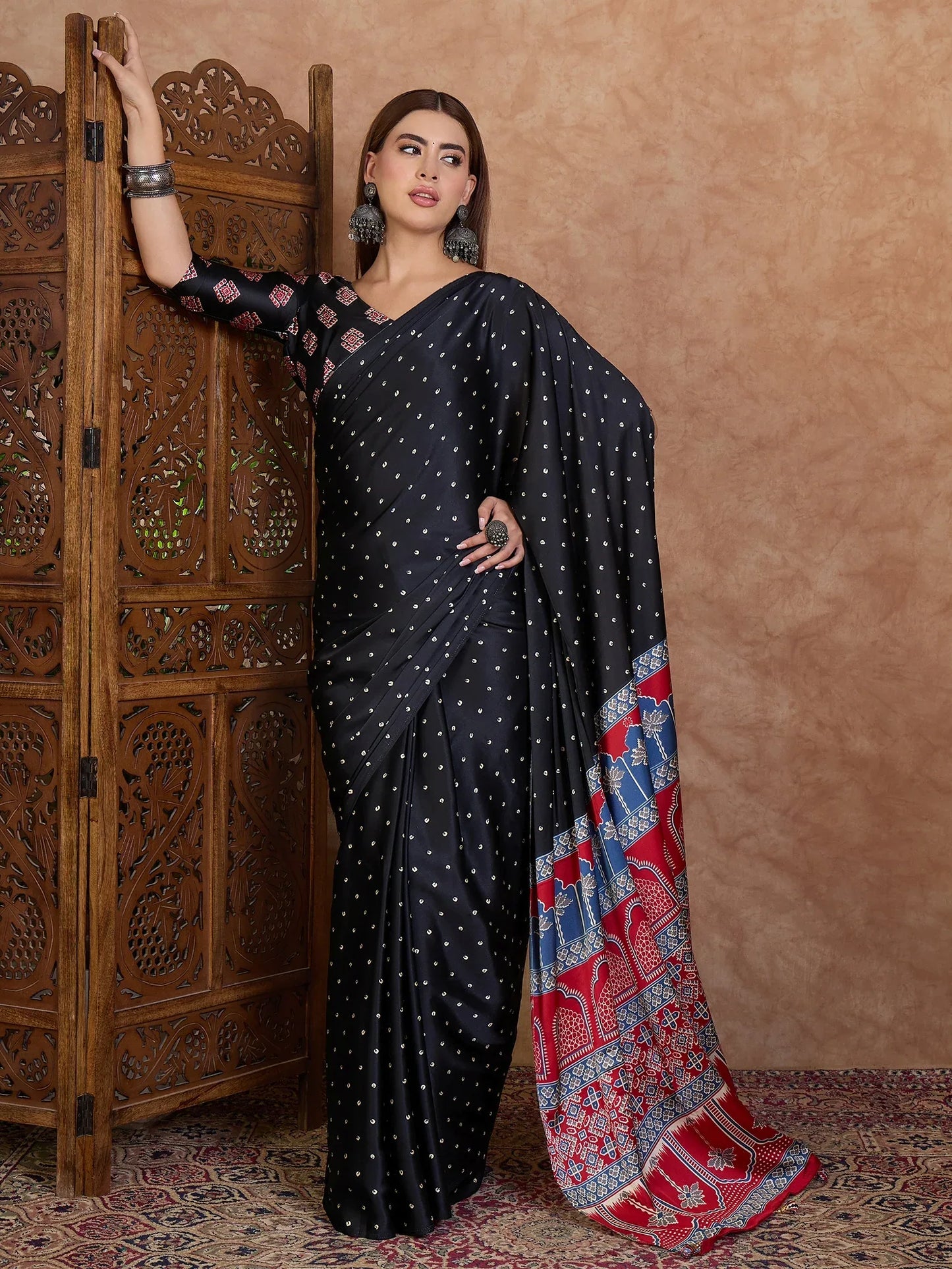 Black Semi Modal Saree With Blouse Piece - EZBER