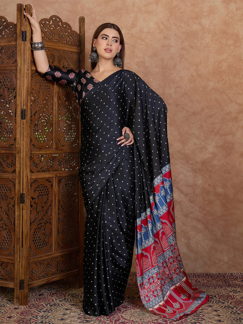 Black Semi Modal Saree With Blouse Piece - EZBER