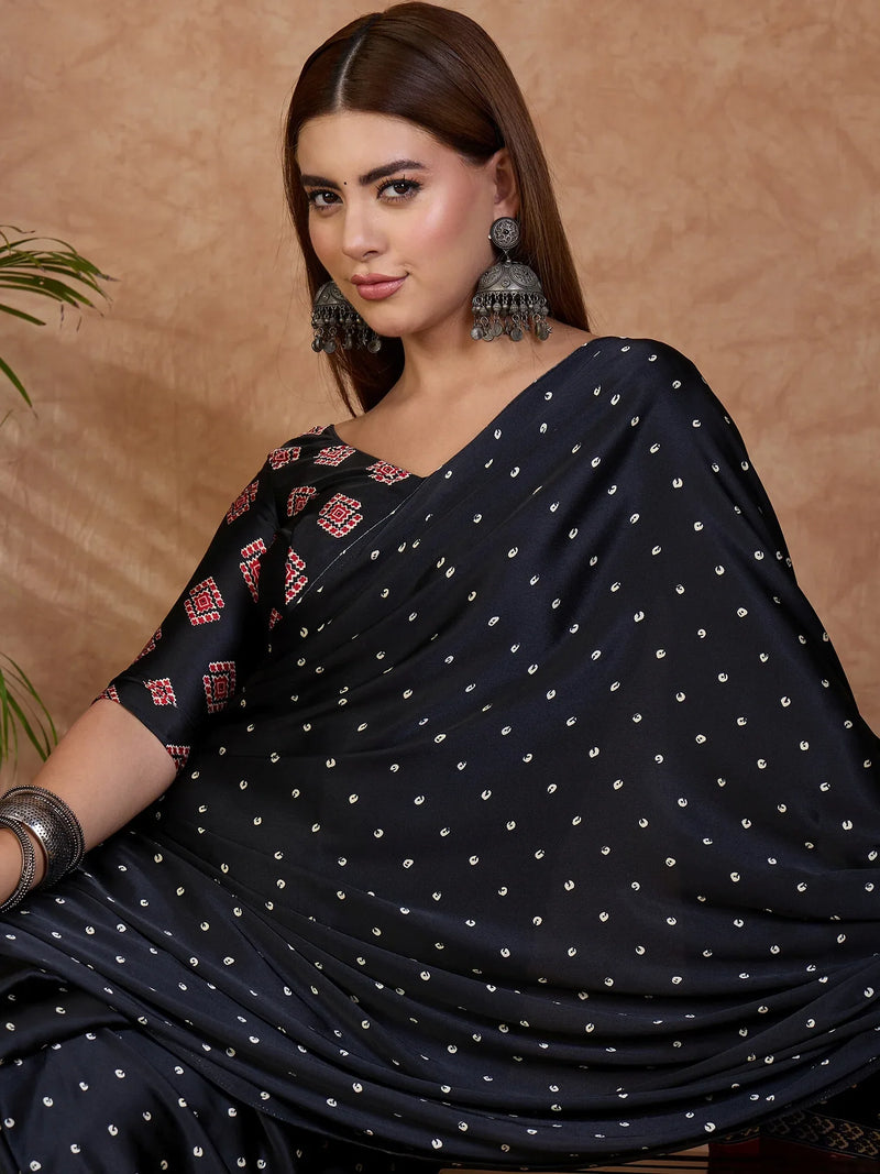 Black Semi Modal Saree With Blouse Piece - EZBER