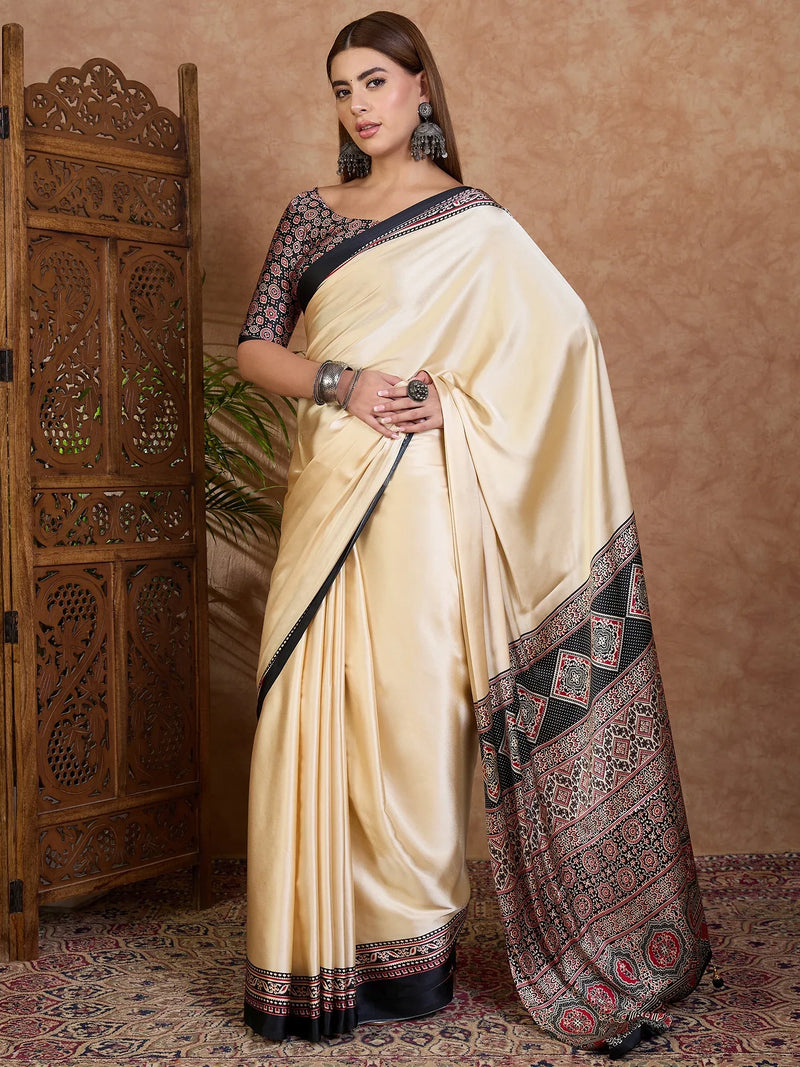 Black Semi Modal Saree With Blouse Piece - EZBER