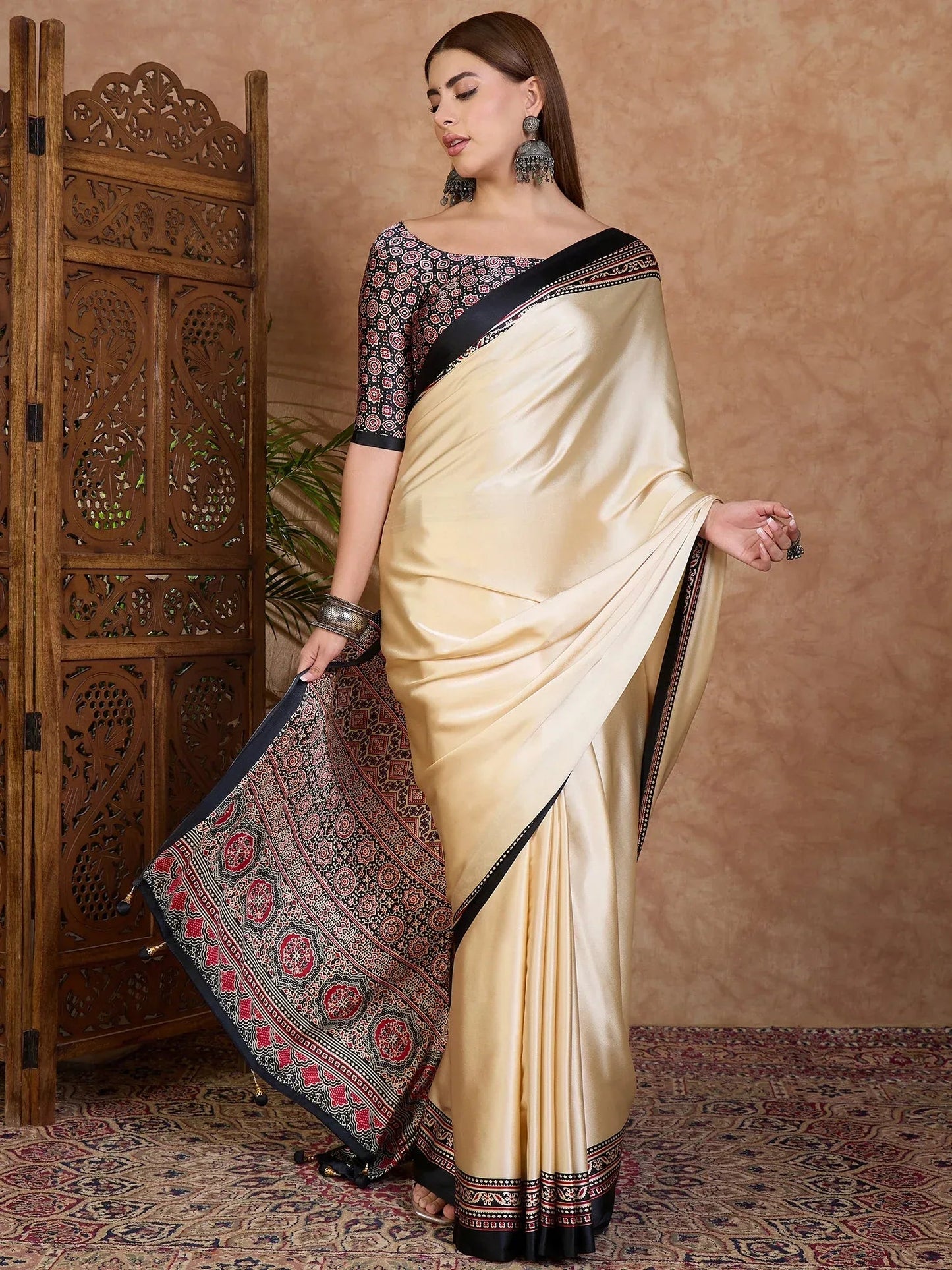 Black Semi Modal Saree with Blouse Piece  | EZBER