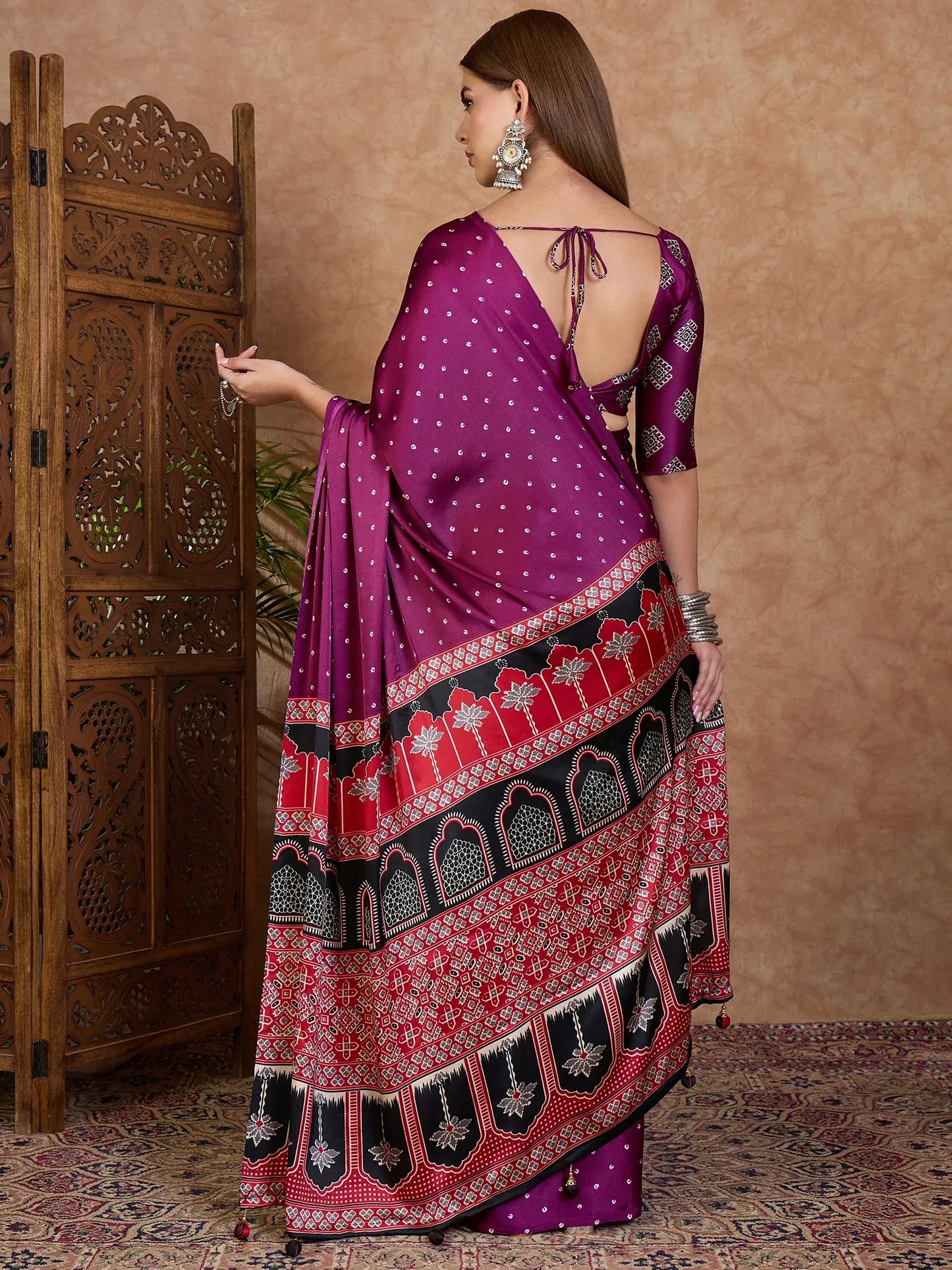 Wine Semi Modal Saree With Blouse Piece - EZBER