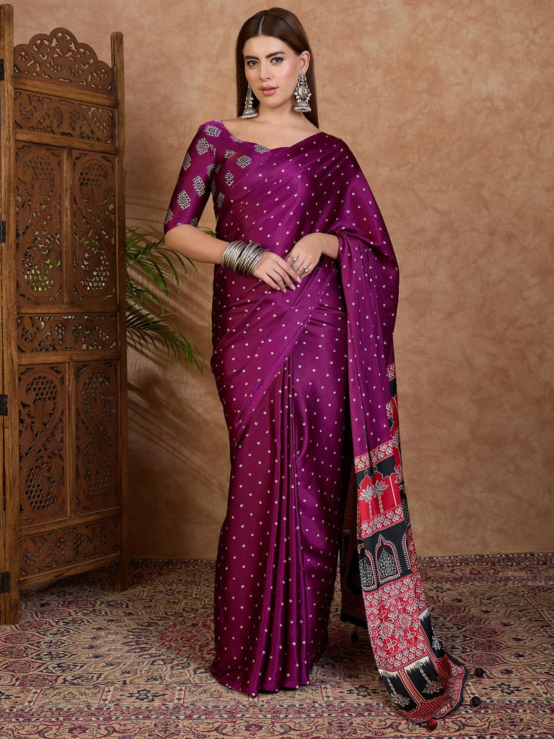 Wine Semi Modal Saree With Blouse Piece - EZBER