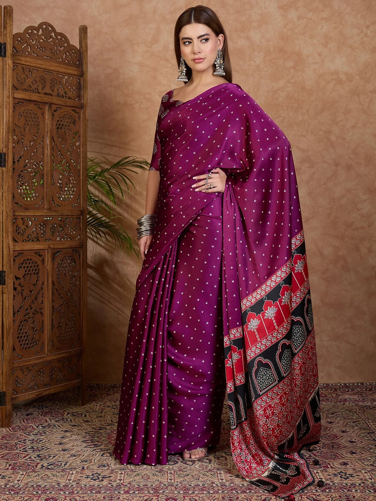 Wine Semi Modal Saree With Blouse Piece - EZBER