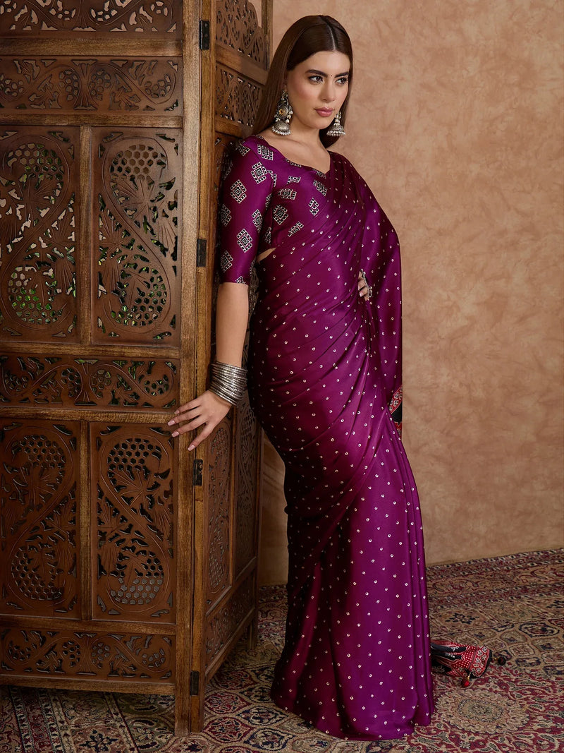 Wine Semi Modal Saree With Blouse Piece - EZBER