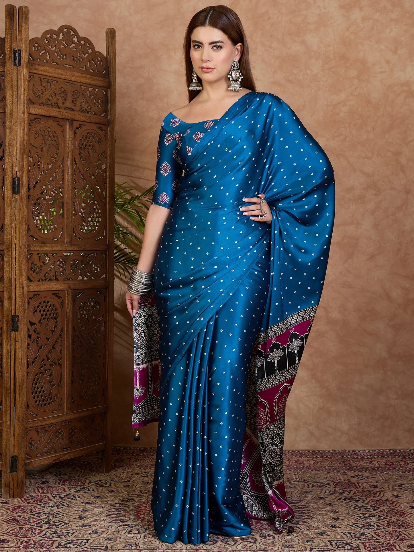 Blue Semi Modal Saree With Blouse Piece - EZBER