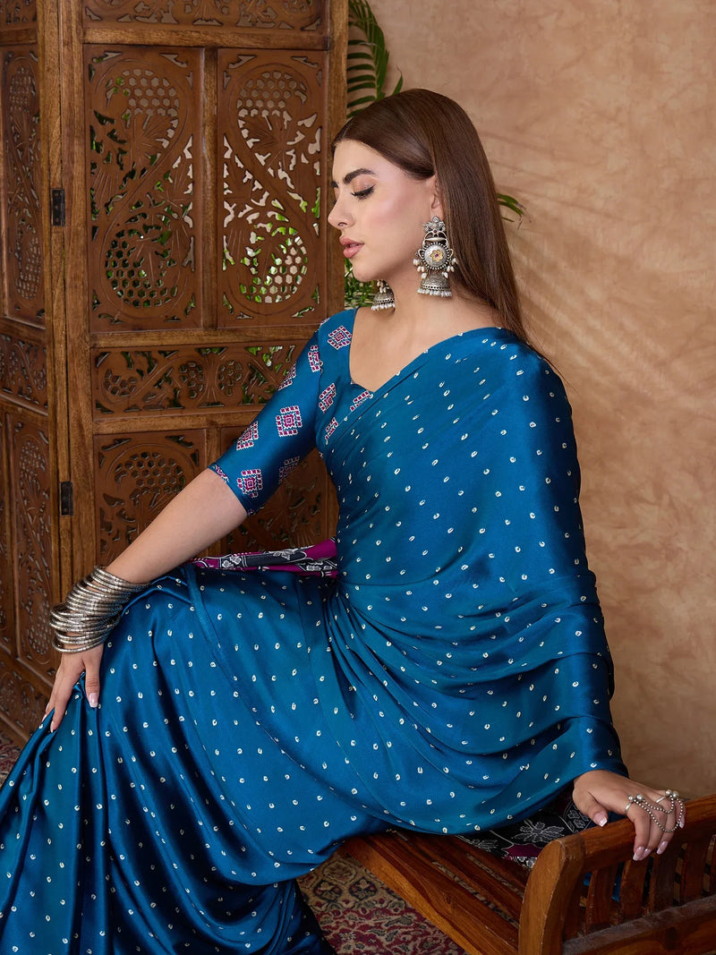 Blue Semi Modal Saree With Blouse Piece - EZBER