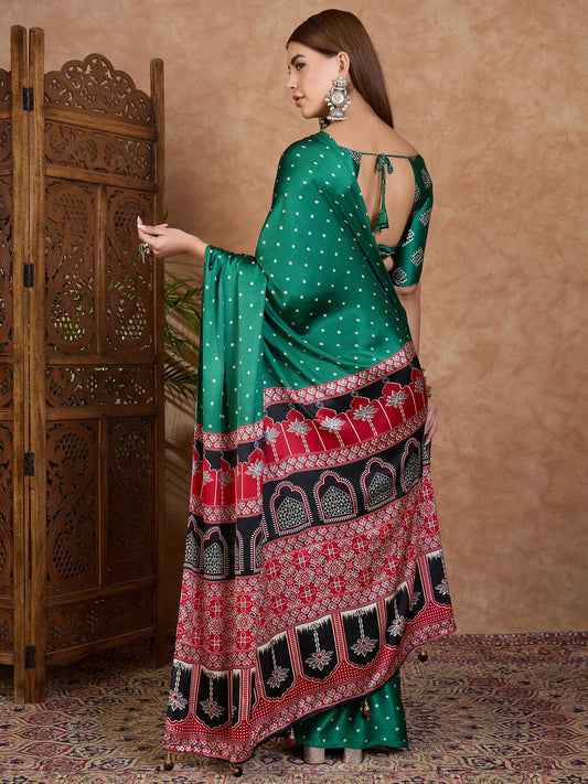 Green Semi Modal Saree With Blouse Piece - EZBER