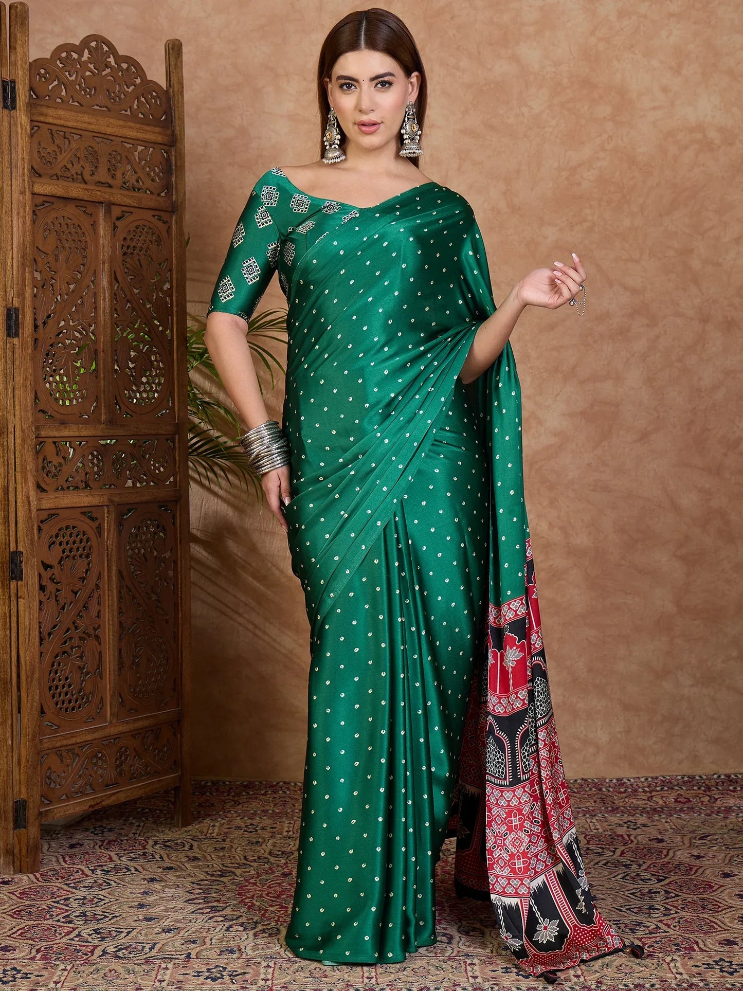 Green Semi Modal Saree With Blouse Piece - EZBER