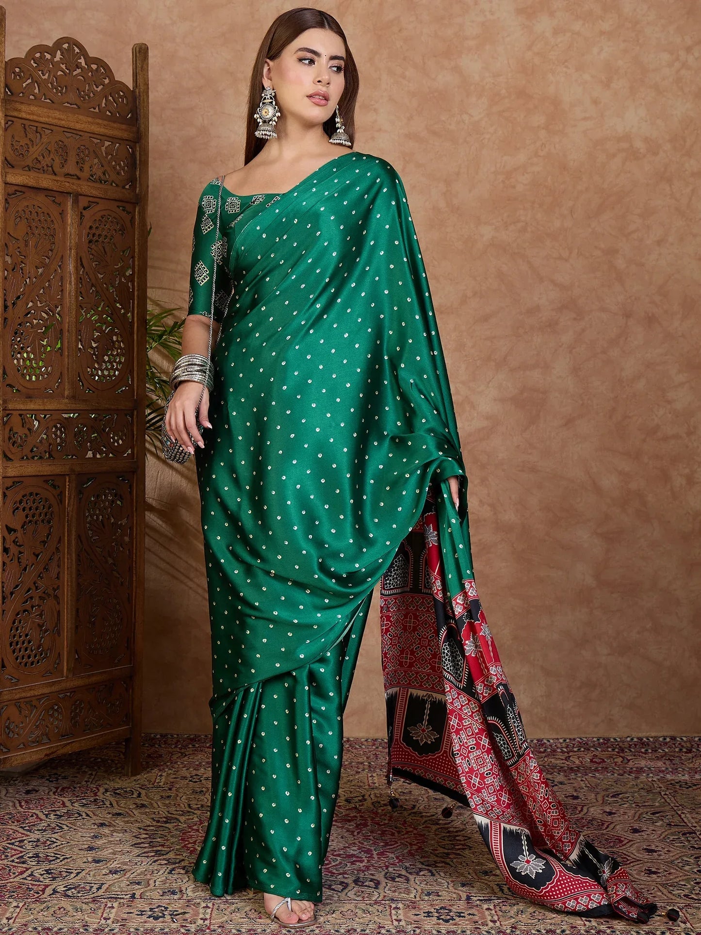 Green Semi Modal Saree With Blouse Piece - EZBER