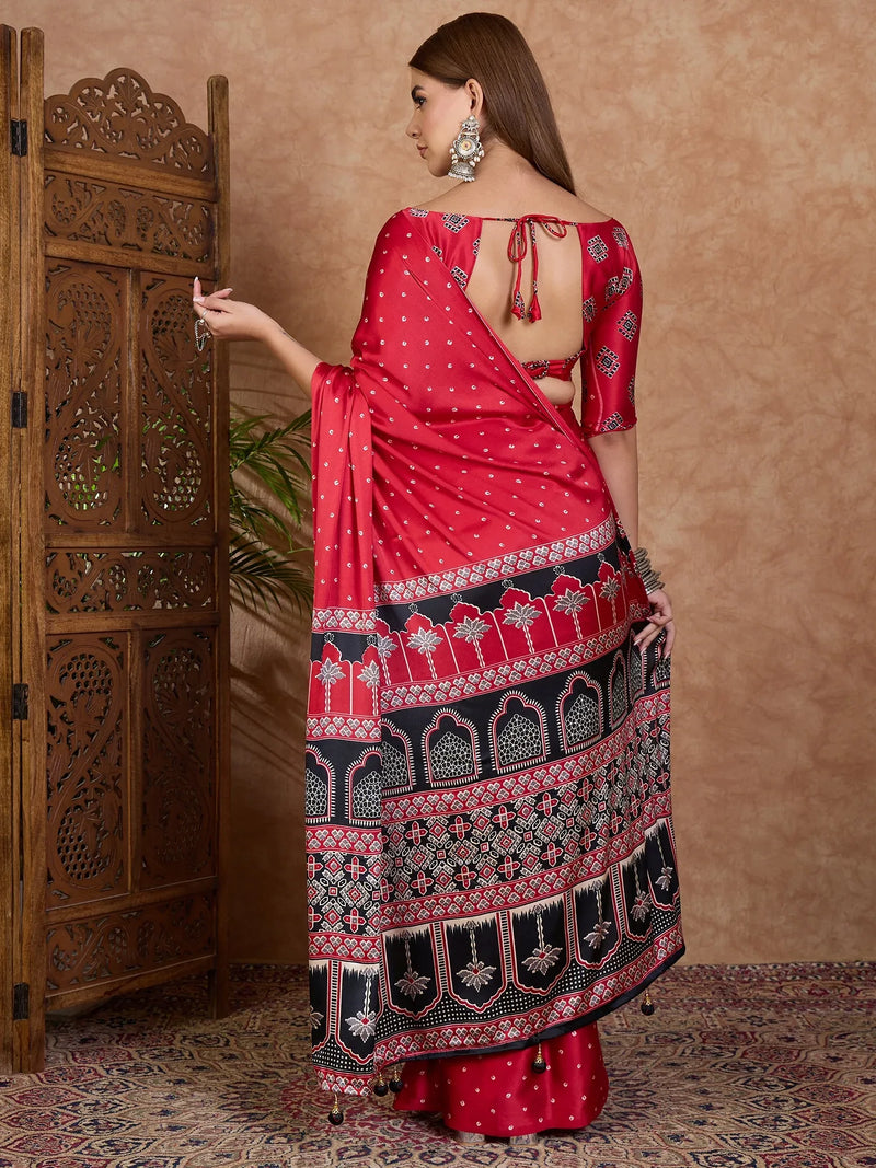 Red Semi Modal Saree With Blouse Piece - EZBER