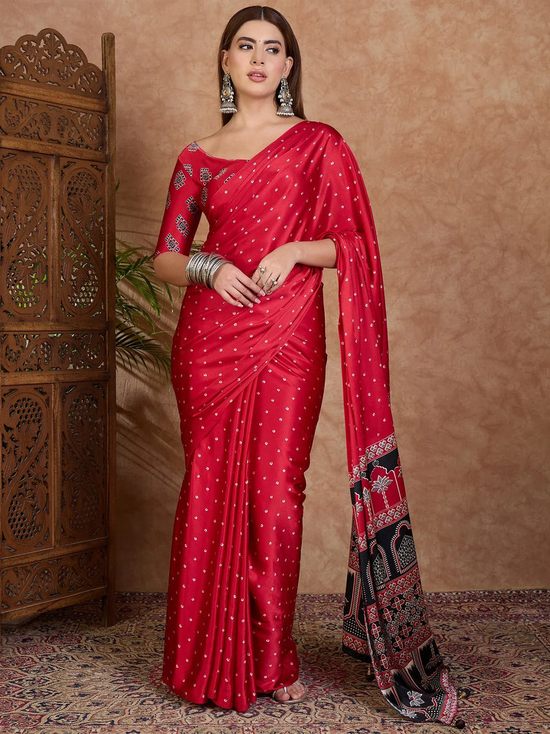 Red Semi Modal Saree With Blouse Piece - EZBER