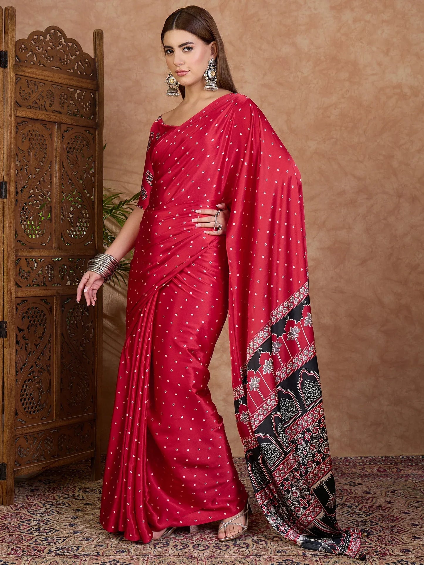 Red Semi Modal Saree With Blouse Piece - EZBER