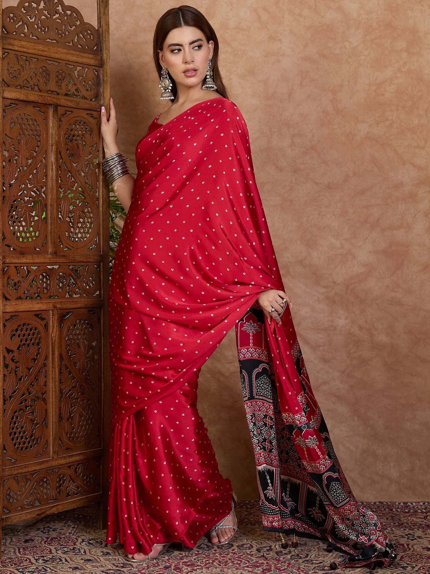 Red Semi Modal Saree With Blouse Piece - EZBER