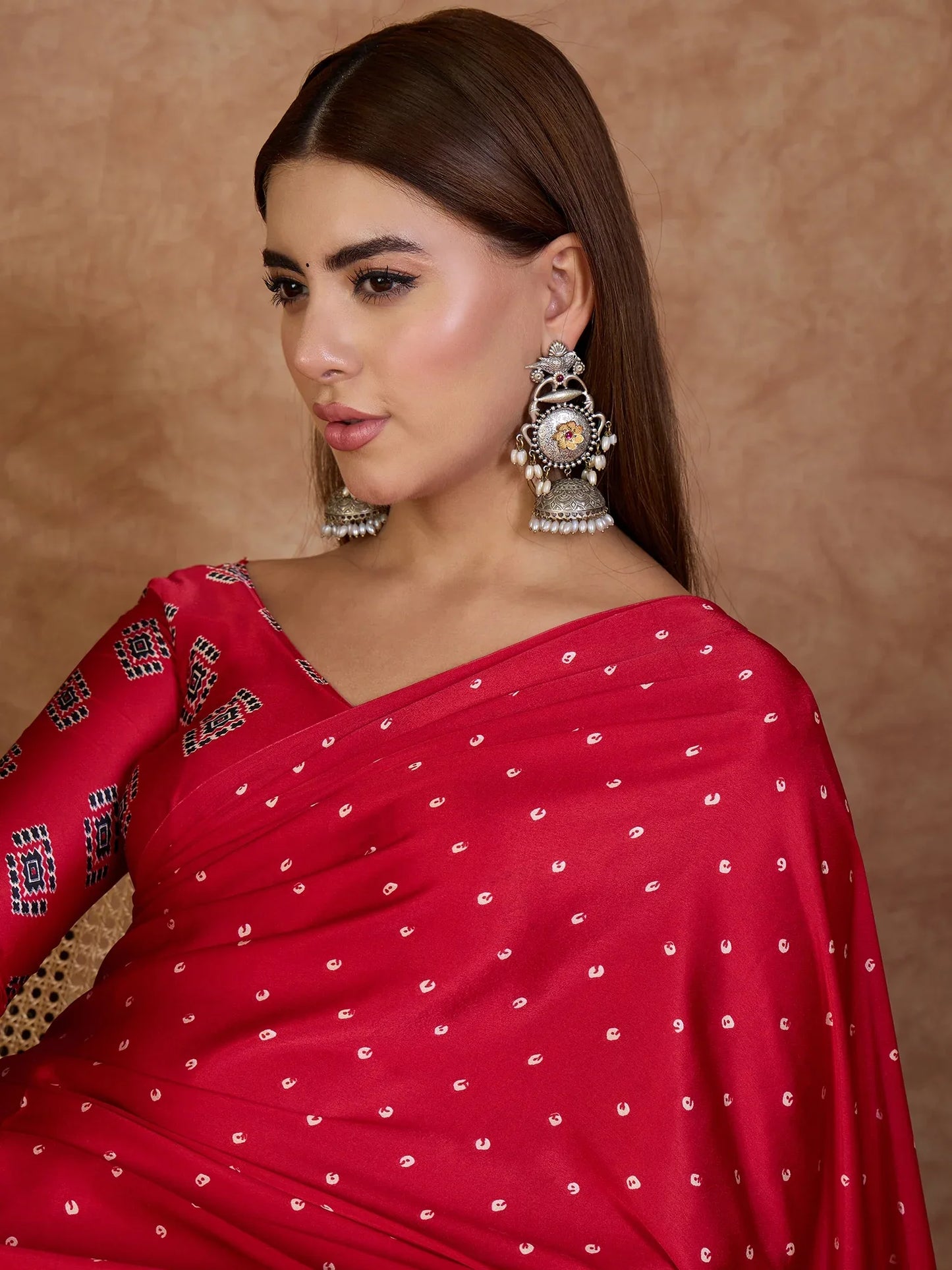 Red Semi Modal Saree With Blouse Piece - EZBER
