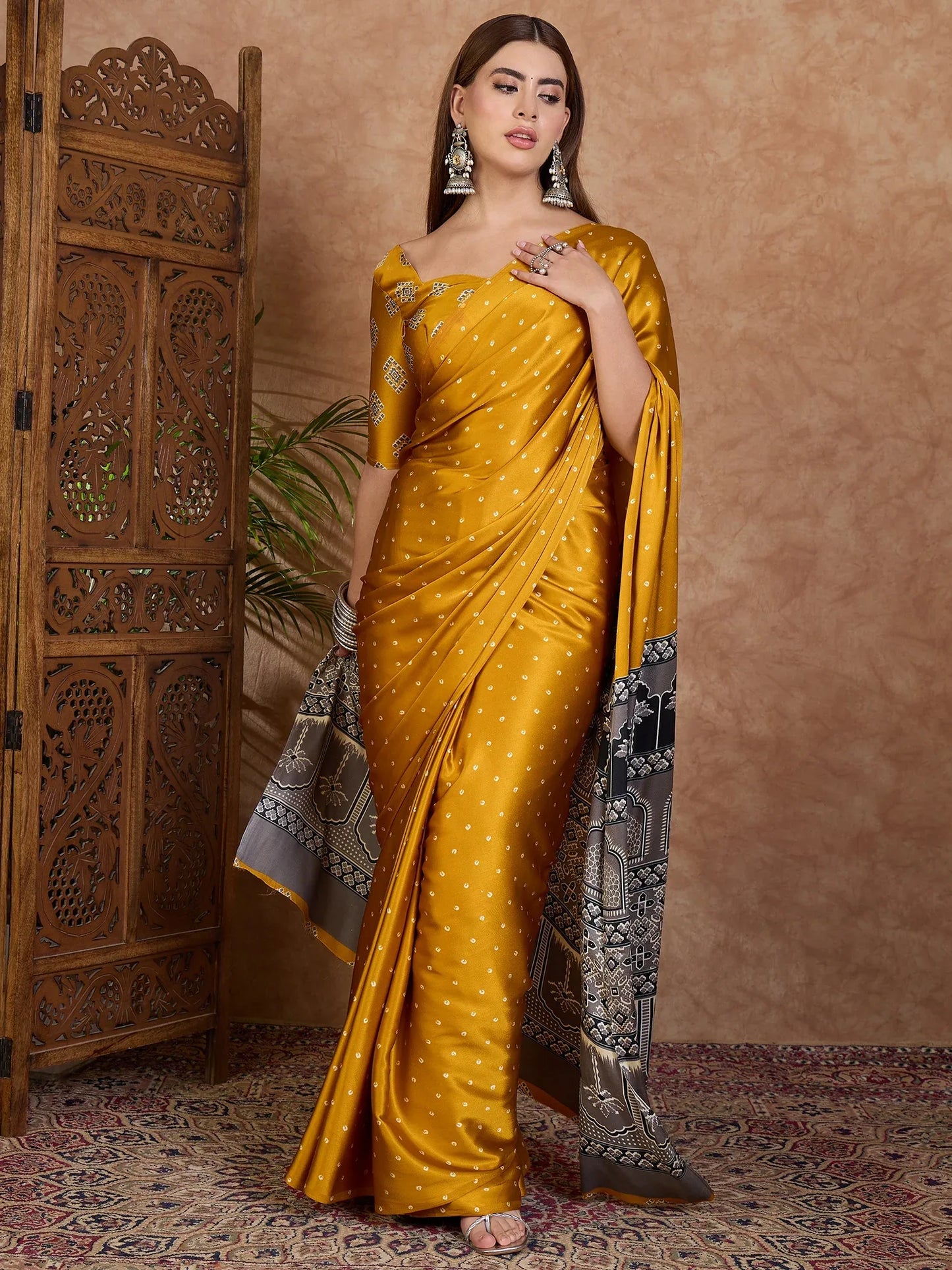 Yellow Semi Modal Saree With Blouse Piece - EZBER