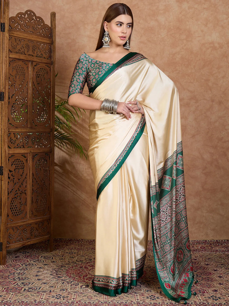 Green Semi Modal Saree With Blouse Piece - EZBER