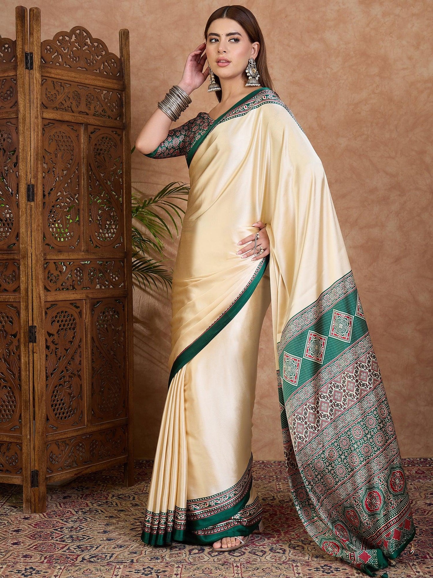 Green Semi Modal Saree With Blouse Piece - EZBER