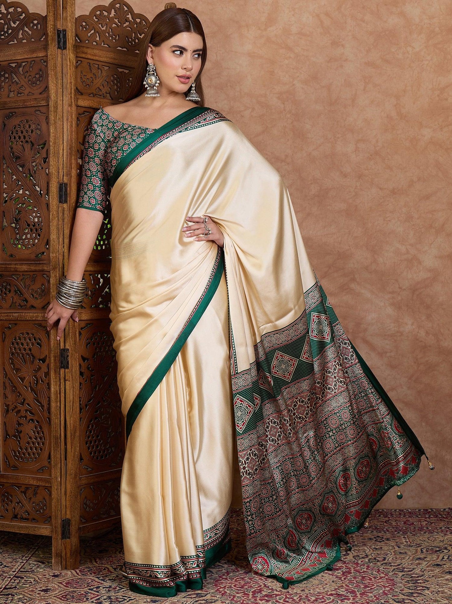 Green Semi Modal Saree With Blouse Piece - EZBER