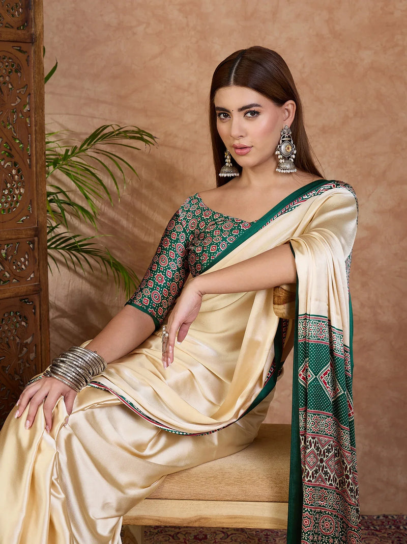Green Semi Modal Saree With Blouse Piece - EZBER