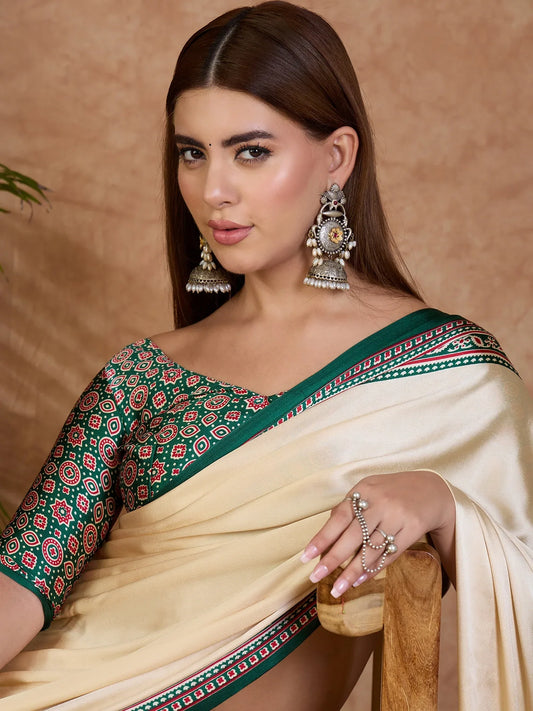 Green Semi Modal Saree With Blouse Piece - EZBER