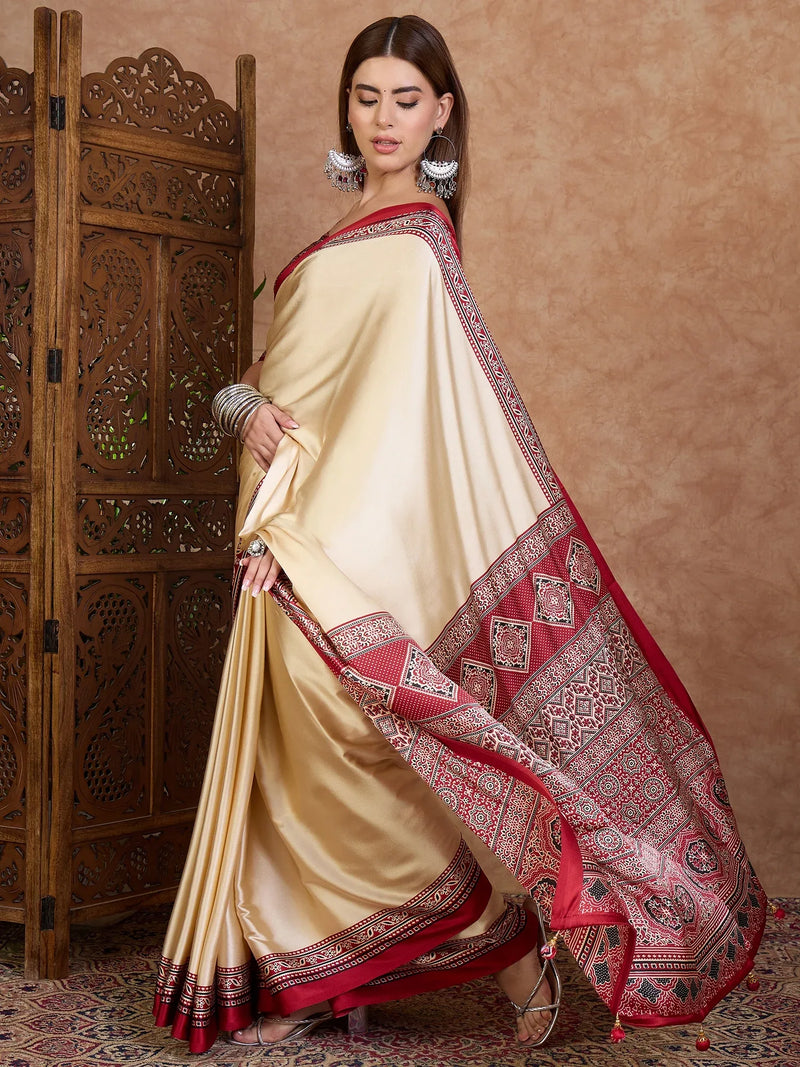 Red Semi Modal Saree With Blouse Piece - EZBER