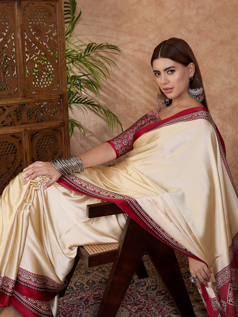 Red Semi Modal Saree With Blouse Piece - EZBER