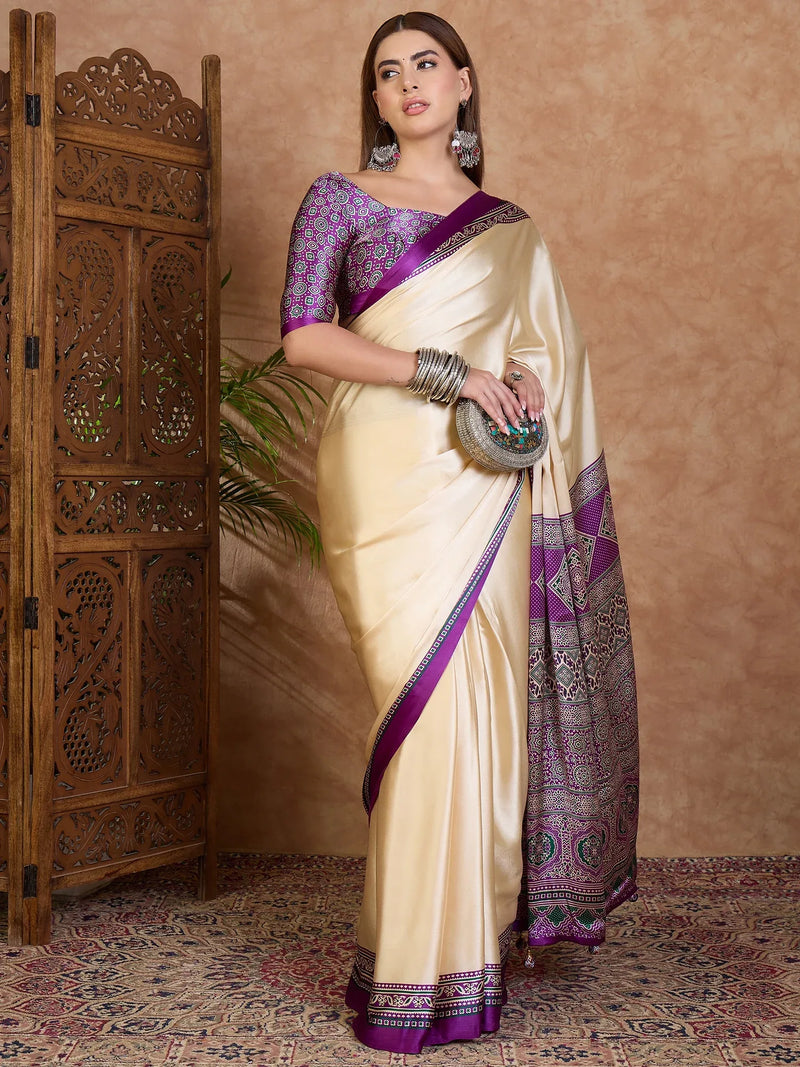 Purple Semi Modal Saree With Blouse Piece - EZBER