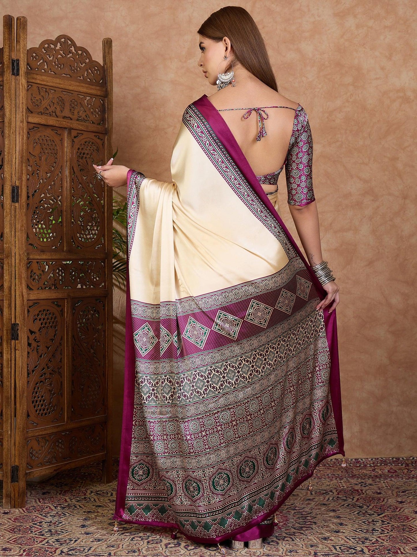 Wine Semi Modal Saree With Blouse Piece - EZBER