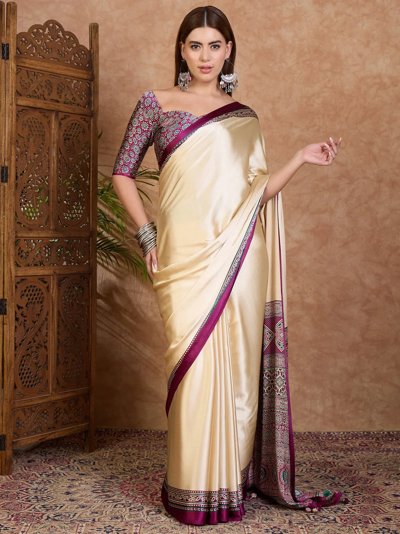 Wine Semi Modal Saree With Blouse Piece - EZBER