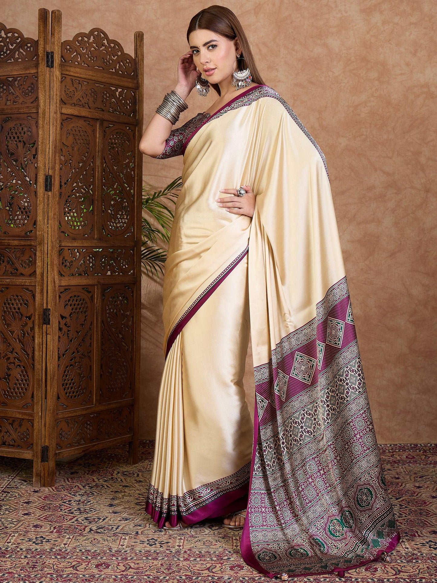 Wine Semi Modal Saree With Blouse Piece - EZBER
