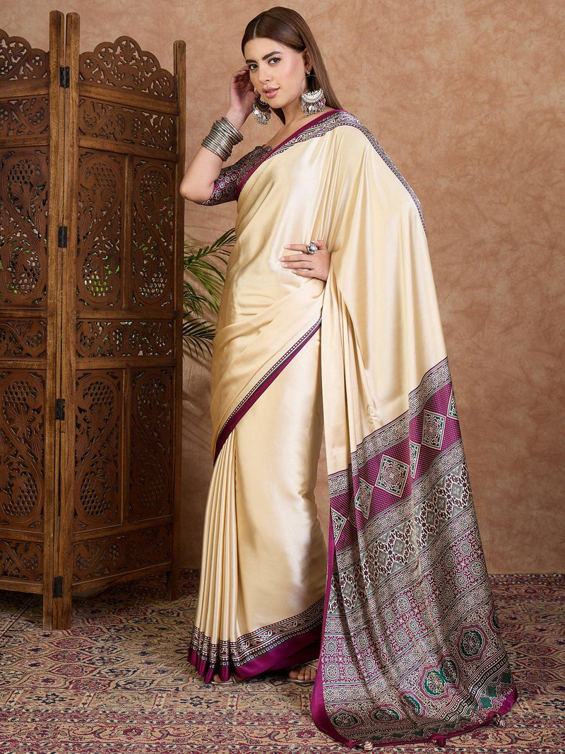 Wine Semi Modal Saree With Blouse Piece - EZBER