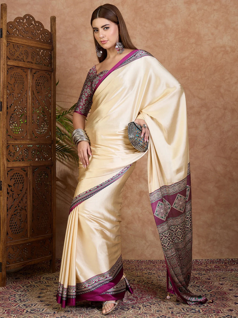 Wine Semi Modal Saree With Blouse Piece - EZBER