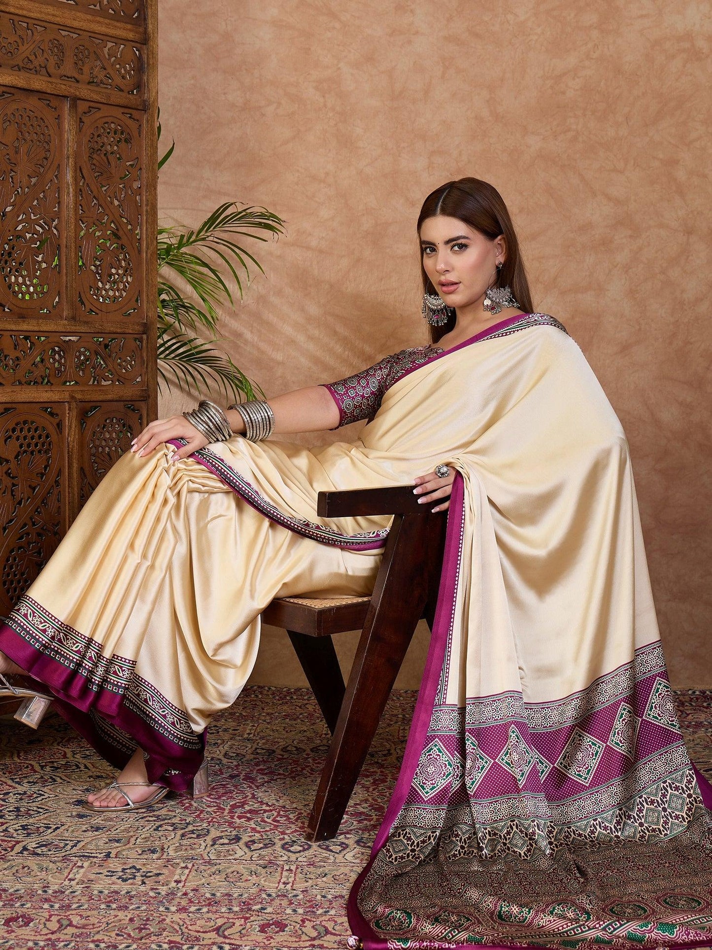 Wine Semi Modal Saree With Blouse Piece - EZBER