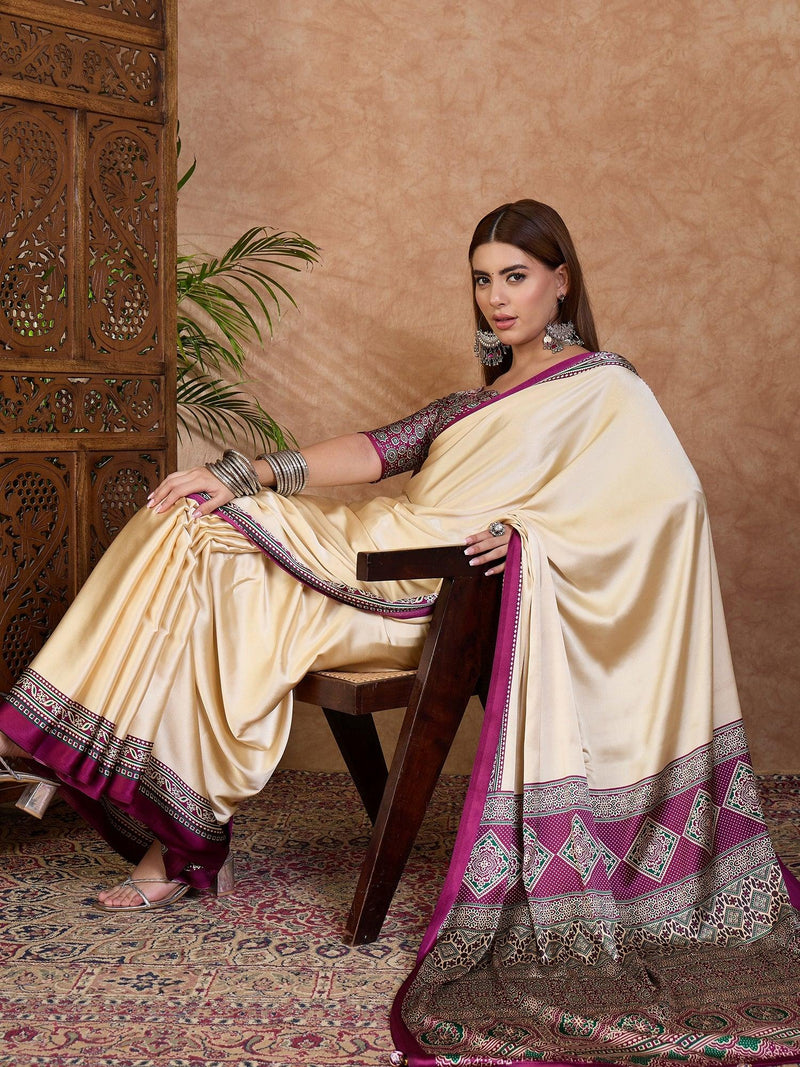 Wine Semi Modal Saree With Blouse Piece - EZBER