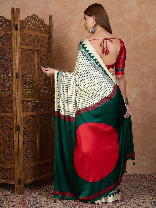 Green Semi Modal Saree With Blouse Piece - EZBER