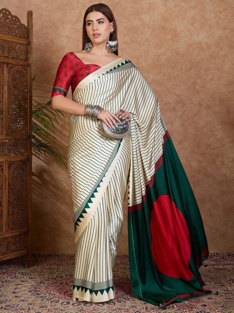 Green Semi Modal Saree With Blouse Piece - EZBER