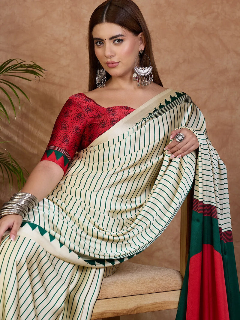 Green Semi Modal Saree With Blouse Piece - EZBER