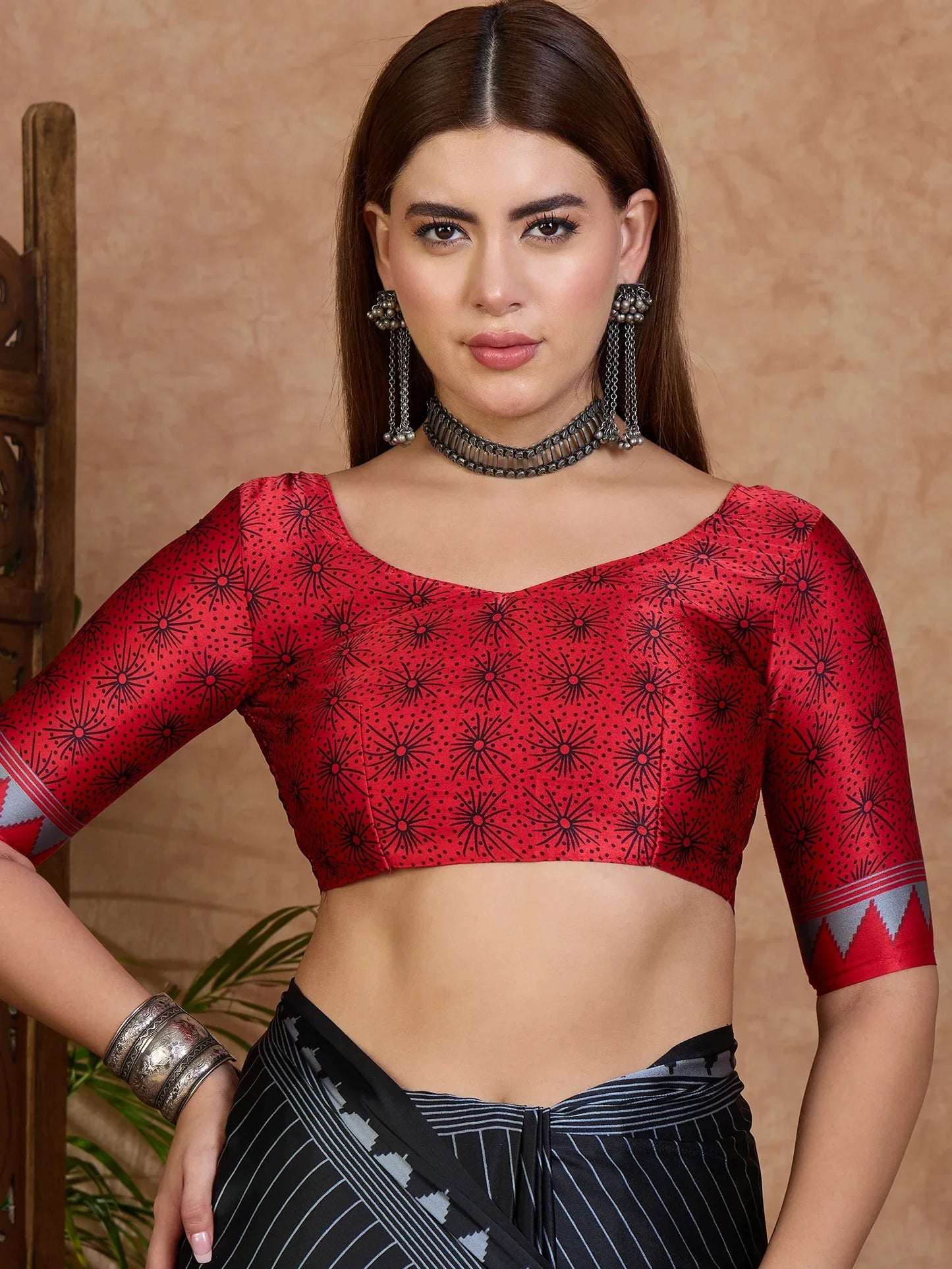 Red Semi Modal Saree With Blouse Piece - EZBER