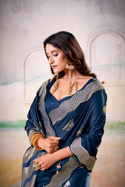 Satin Tissue Woven Design Jacquard Work Handloom  Saree With Blouse Piece