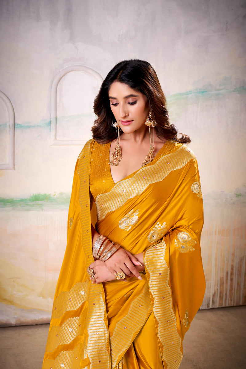 Satin Tissue Woven Design Jacquard Work Handloom  Saree With Blouse Piece