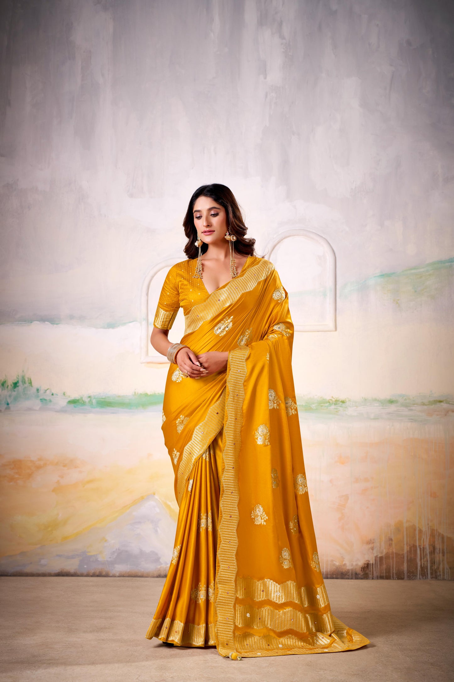 Satin Tissue Woven Design Jacquard Work Handloom  Saree With Blouse Piece
