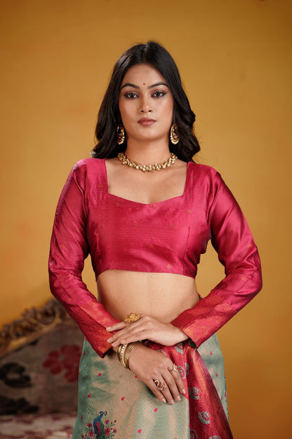 Kanjeevaram Silk Rich Pallue With Contrast Blouse Weaving Silk Saree