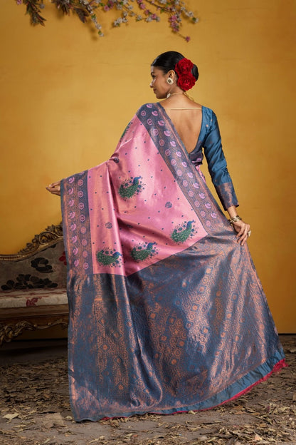 Kanjeevaram Silk Rich Pallue With Contrast Blouse Weaving Silk Saree