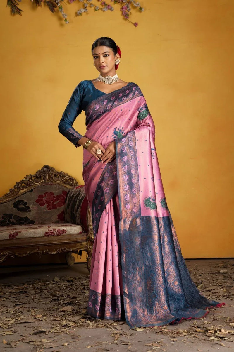 Kanjeevaram Silk Rich Pallue With Contrast Blouse Weaving Silk Saree - EZBER