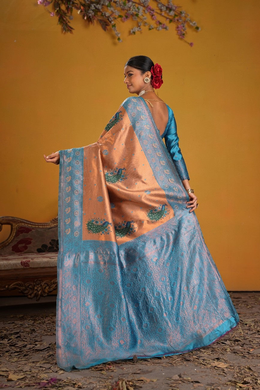 Kanjeevaram Silk Rich Pallue With Contrast Blouse Weaving Silk Saree