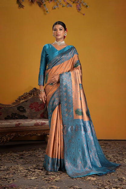 Kanjeevaram Silk Rich Pallue With Contrast Blouse Weaving Silk Saree