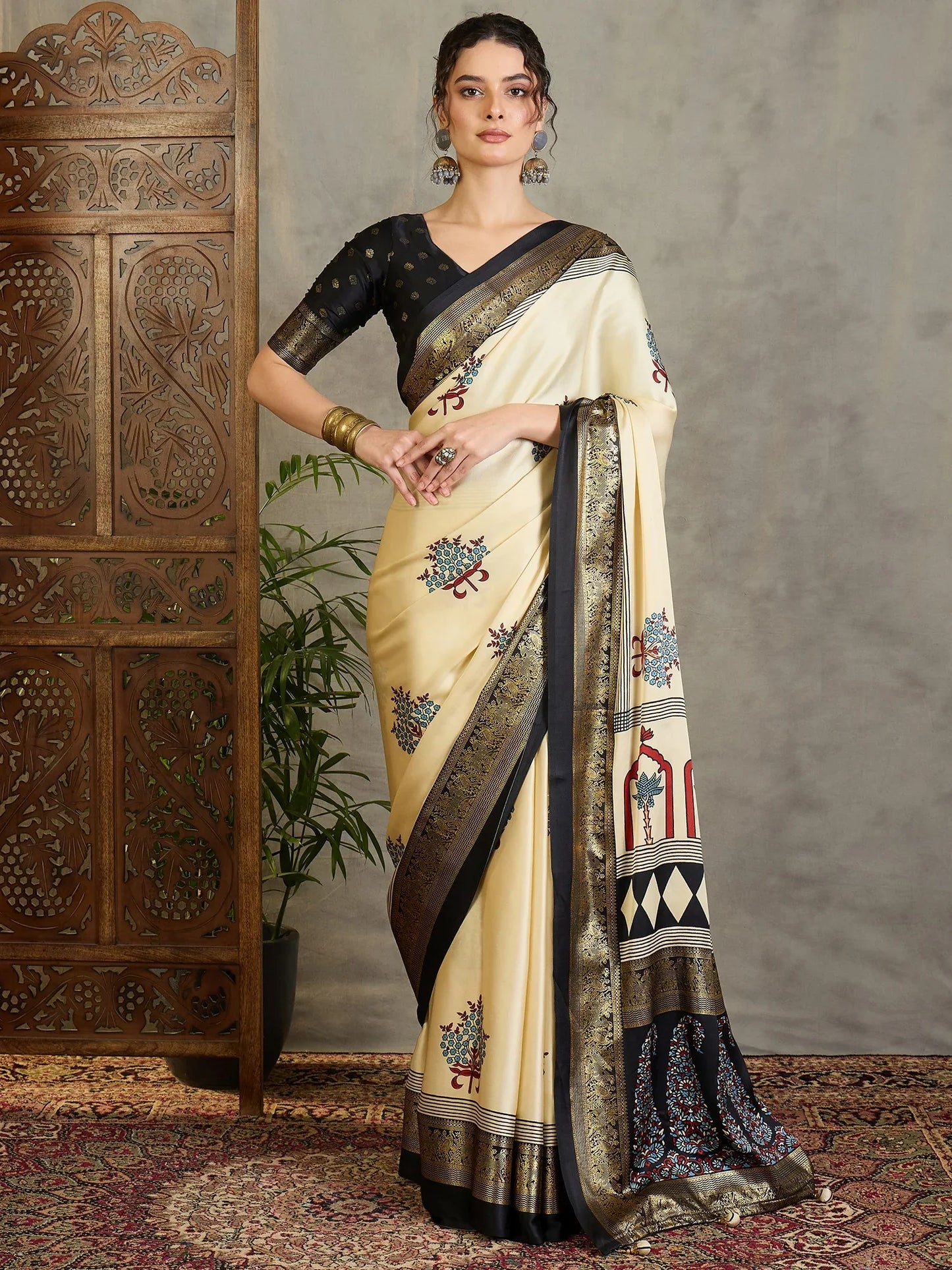 Cream Semi Modal Saree With Blouse Piece - EZBER