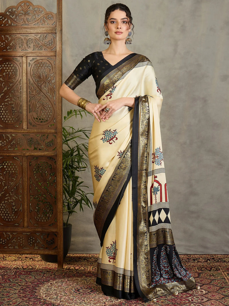 Cream Semi Modal Saree With Blouse Piece - EZBER