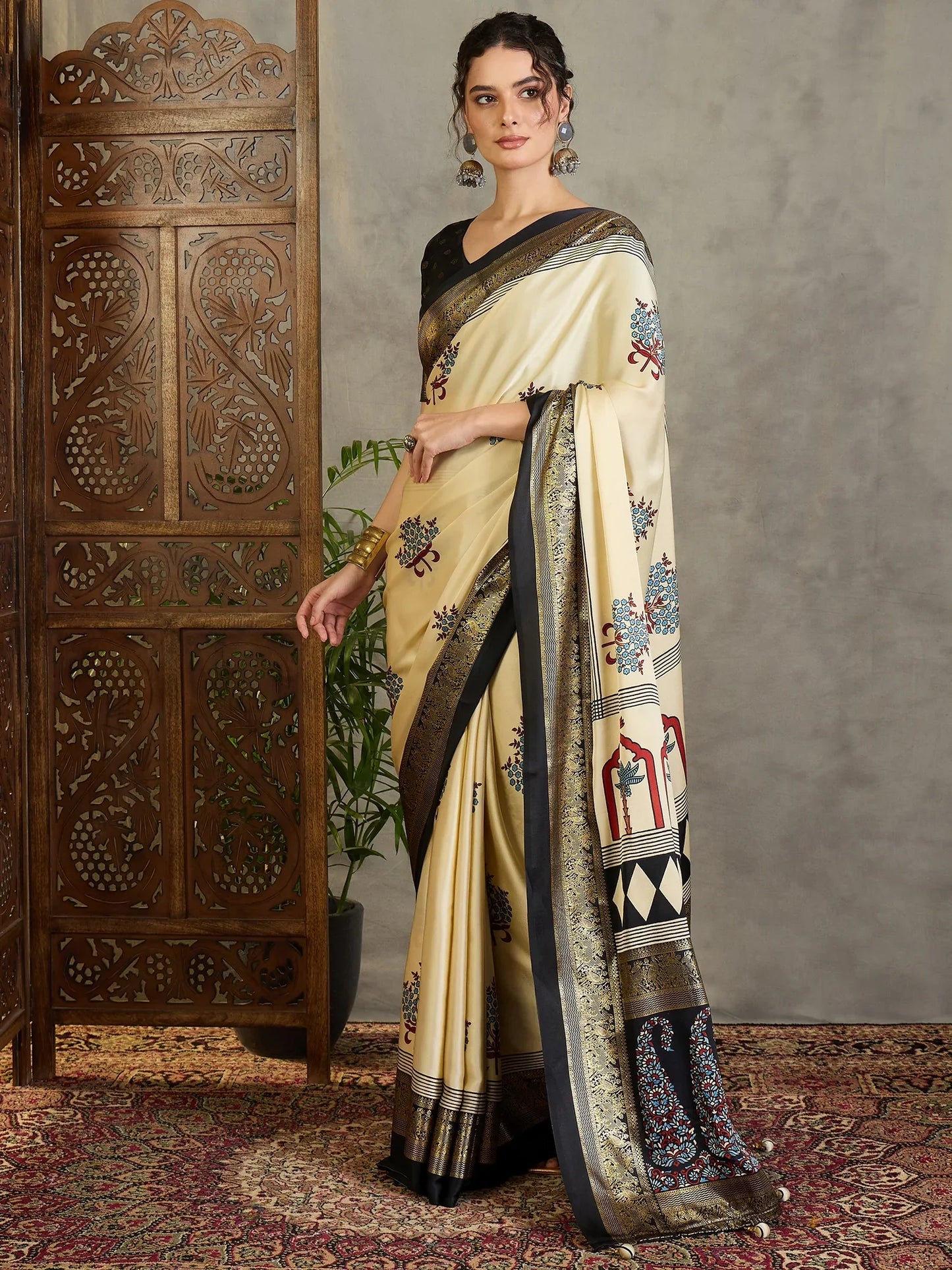 Cream Semi Modal Saree With Blouse Piece - EZBER